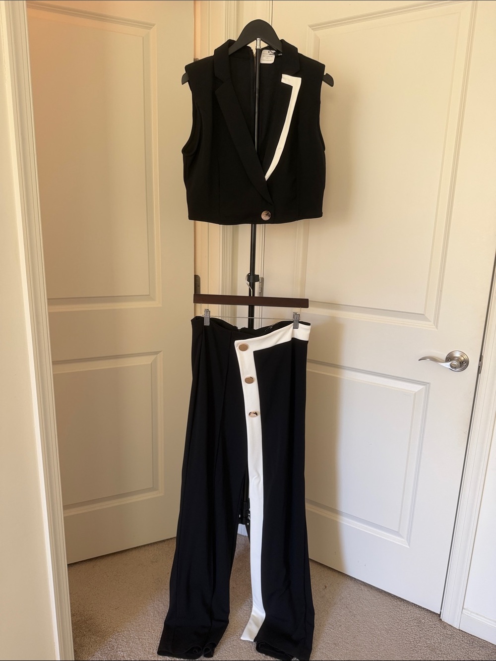 Fashion Nova Black Two-Piece Cropped Blazer & Wide-Leg Pants with White Trim